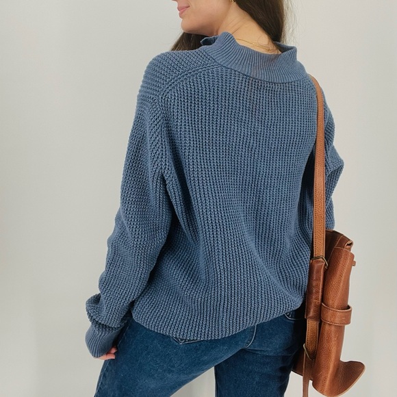 Cotton Henley Waffle Knit Slouchy Oversized Sweater - M - Blue - Picture 6 of 8